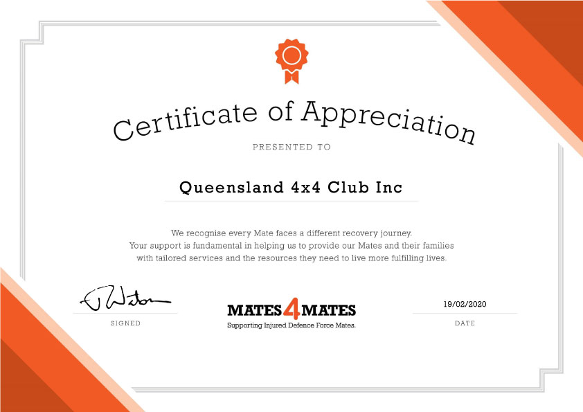 Certificate of Appreciation 2019 from the Mates4Mates Mates4Mates Certificate of Appreciation 2019